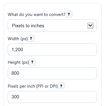 Example inputs for Pixels to Inches Converter Calculator