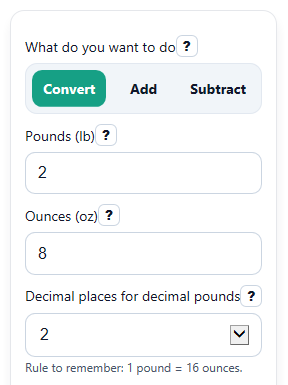 Example inputs for Pounds and Ounces Calculator
