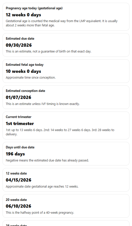 Example results from Pregnancy Calculator
