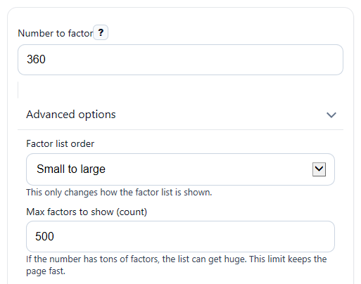 Example inputs for Prime Factorization Calculator