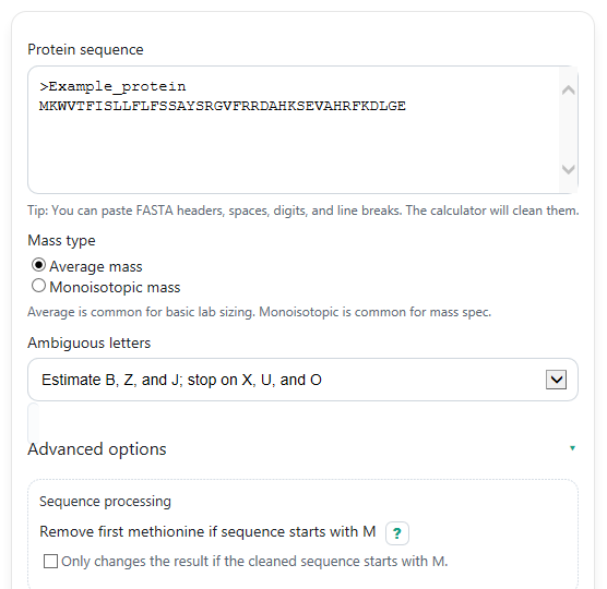 Example inputs for Protein Molecular Weight Calculator