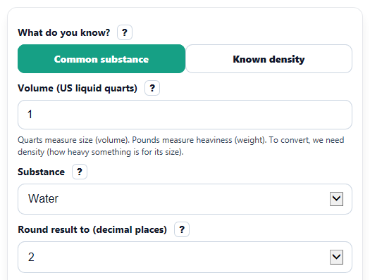 Example inputs for Quarts to Pounds Conversion Calculator