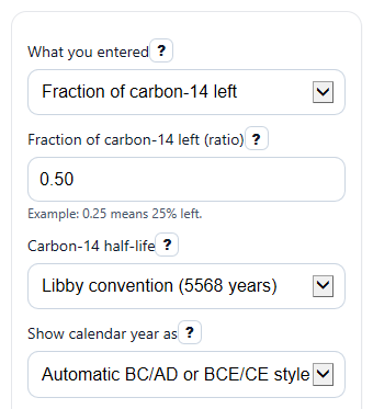 Example inputs for Radiocarbon Dating Calculator