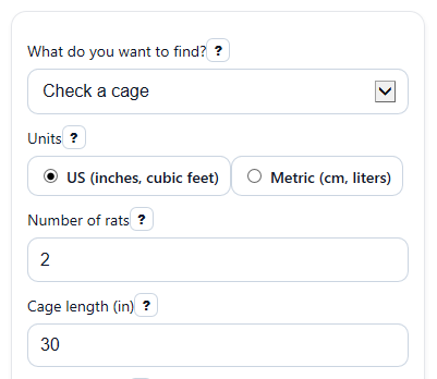 Example inputs for Rat Cage Calculator