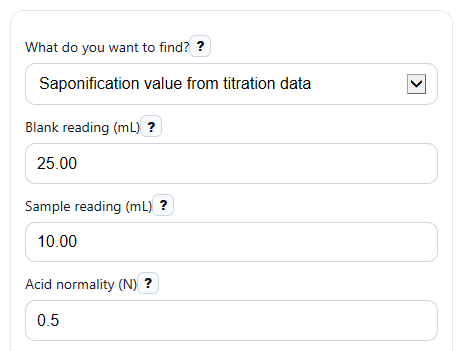 Example inputs for Saponification Value Calculator