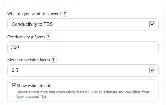 Example inputs for TDS Calculator