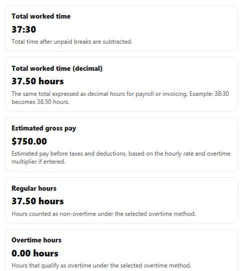 Example results from Time Card Calculator