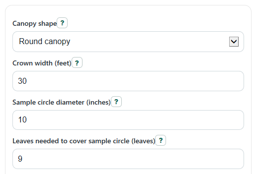 Example inputs for Tree Leaves Calculator