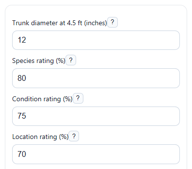 Example inputs for Tree Value Calculator