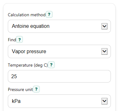 Example inputs for Vapor Pressure Calculator