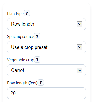 Example inputs for Vegetable Seed Calculator