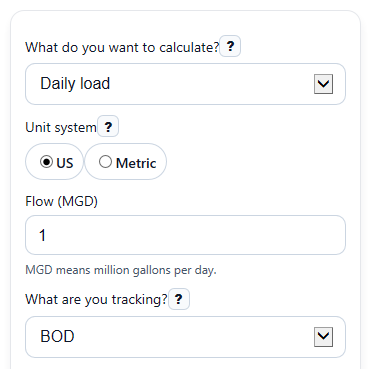 Example inputs for Wastewater Calculator