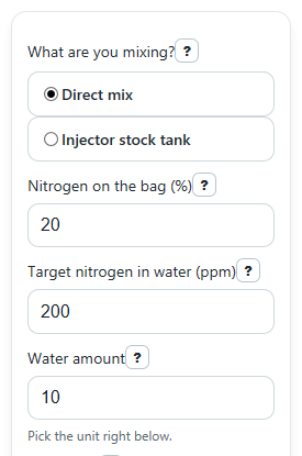 Example inputs for Water Soluble Fertilizer Calculator