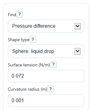 Example inputs for Young-Laplace Equation Calculator