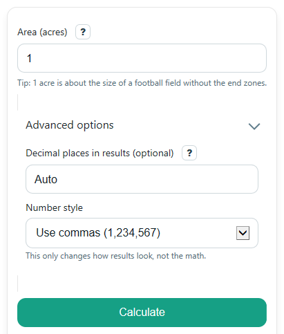 Example inputs for Acres to Square Yards Converter