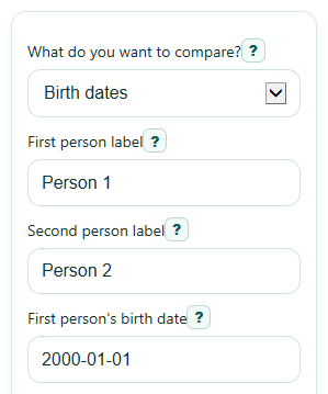 Example inputs for Age Difference Calculator