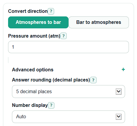 Example inputs for Atmospheres to Bar Converter