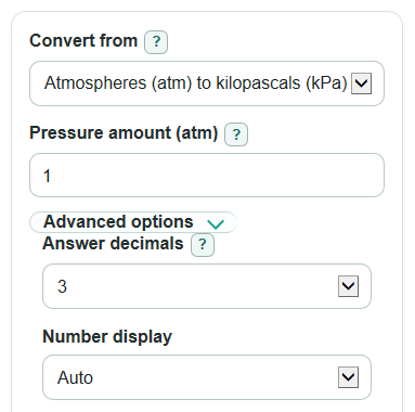 Example inputs for Atmospheres to kPa Converter