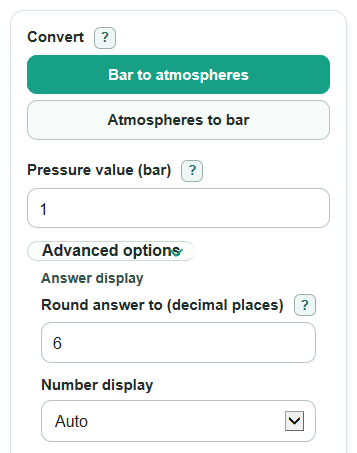 Example inputs for Bar to Atmospheres Converter