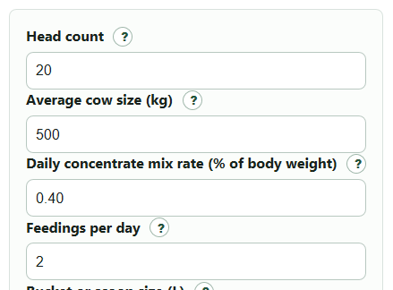 Example inputs for Cattle Feed Mix Volume Calculator