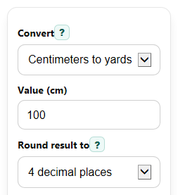 Example inputs for Centimeters to Yards Converter