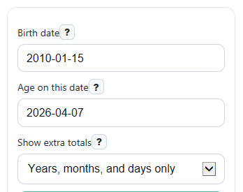 Example inputs for Chronological Age Calculator