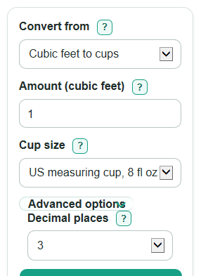 Example inputs for Cubic Feet to Cups Converter