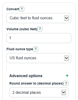 Example inputs for Cubic Feet to Fluid Ounces Converter