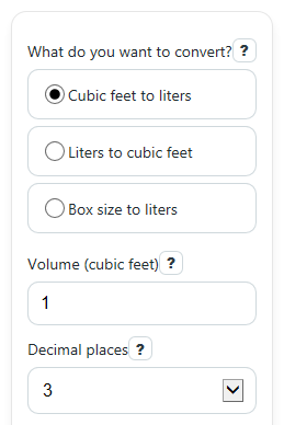 Example inputs for Cubic Feet to Liters Converter