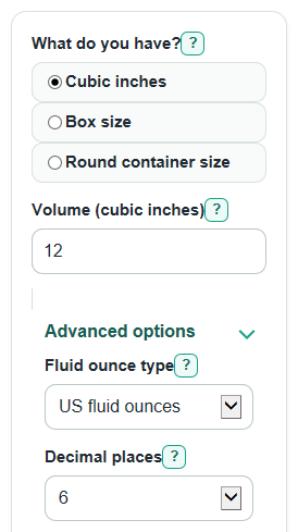 Example inputs for Cubic Inches to Fluid Ounces Converter