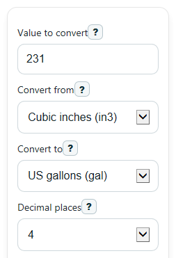 Example inputs for Cubic Inches to Gallons Converter