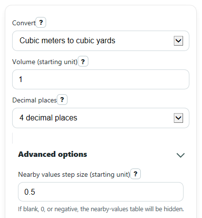 Example inputs for Cubic Meters to Cubic Yards Converter