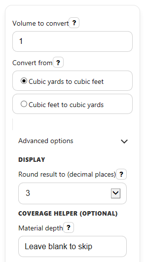 Example inputs for Cubic Yards to Cubic Feet Converter