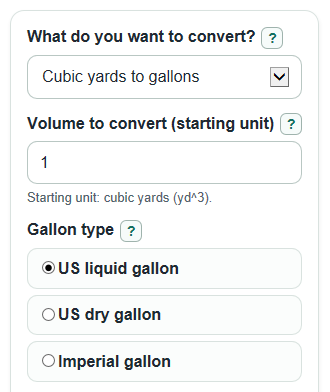 Example inputs for Cubic Yards to Gallons Converter