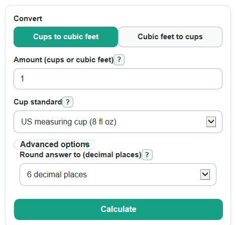 Example inputs for Cups to Cubic Feet Converter