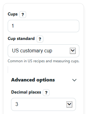 Example inputs for Cups to Liters Converter