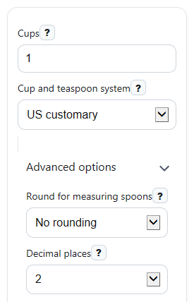 Example inputs for Cups to Teaspoons Converter