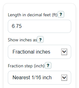 Example inputs for Decimal Feet to Feet and Inches Converter