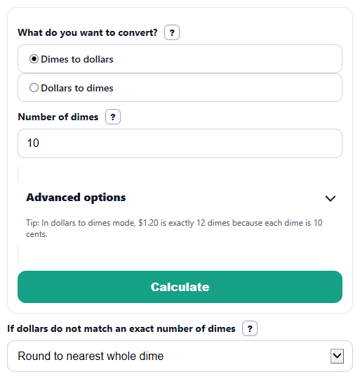 Example inputs for Dimes to Dollars Calculator