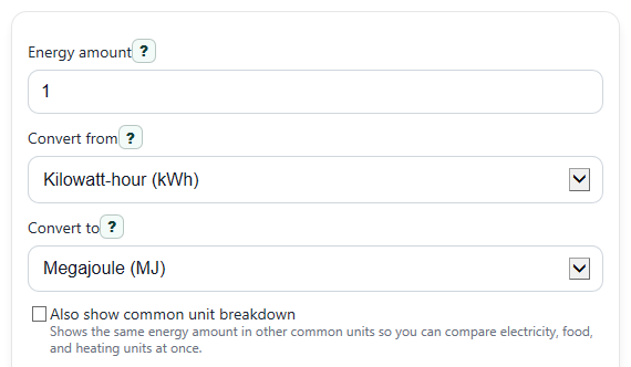 Example inputs for Energy Conversion Calculator