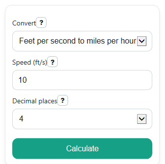 Example inputs for Feet Per Second to MPH Converter