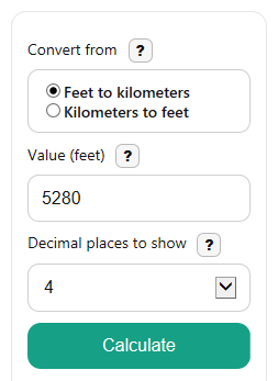 Example inputs for Feet to Kilometers Converter