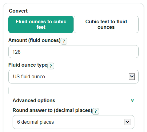 Example inputs for Fluid Ounces to Cubic Feet Converter