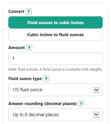 Example inputs for Fluid Ounces to Cubic Inches Converter