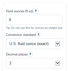 Example inputs for Fluid Ounces to mL Converter