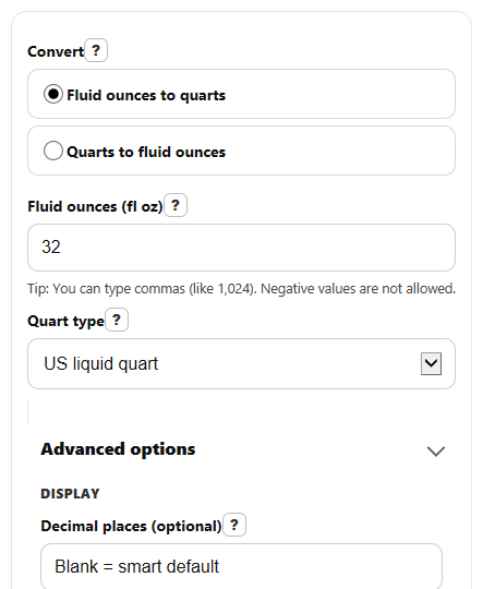 Example inputs for Fluid Ounces to Quarts Converter