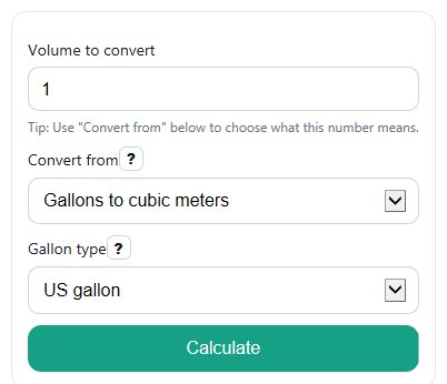 Example inputs for Gallons to Cubic Meters Converter