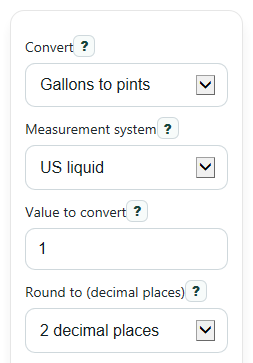 Example inputs for Gallons to Pints Converter