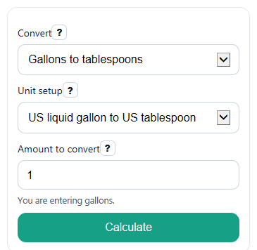 Example inputs for Gallons to Tablespoons Converter