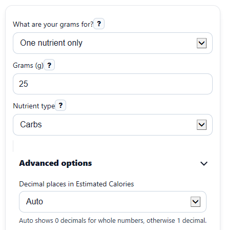 Example inputs for Grams To Calories Calculator